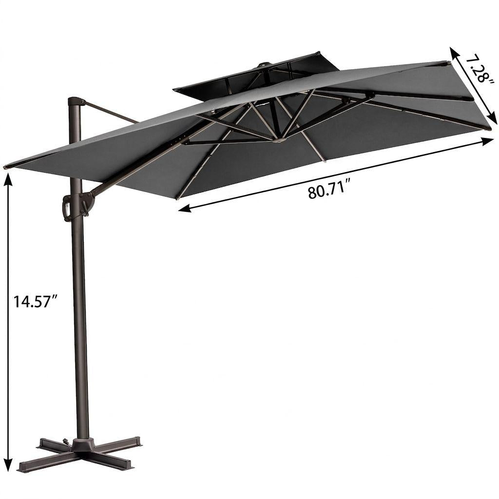 11' Gray Polyester Round Tilt Cantilever Patio Umbrella with Stand