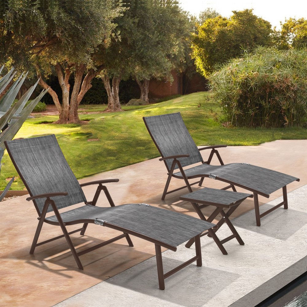 Set of Two Gray Aluminum Five Position Adjustable Outdoor Stacking Chaise Lounges