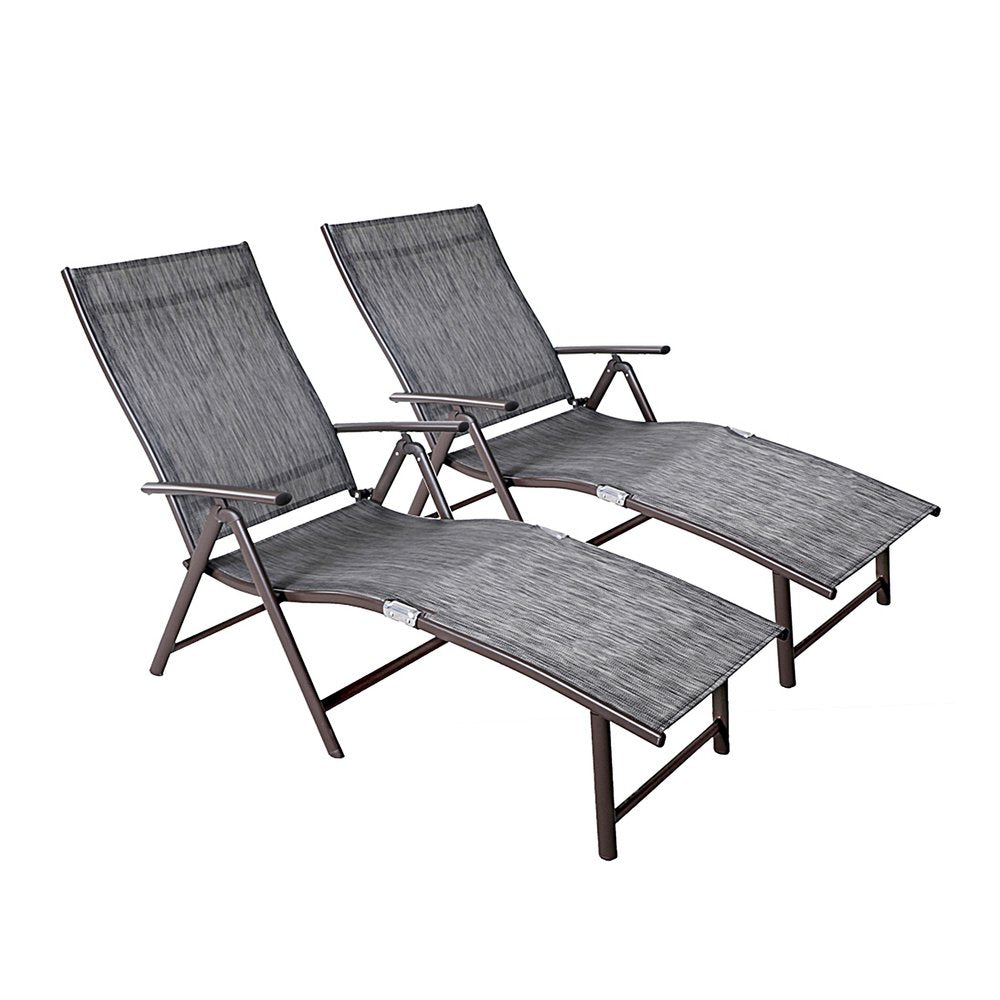 Set of Two Gray Aluminum Six Position Adjustable Outdoor Chaise Lounges