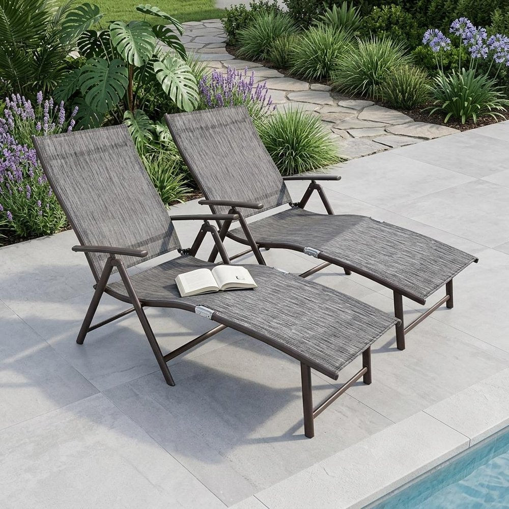 Set of Two Gray Aluminum Six Position Adjustable Outdoor Chaise Lounges