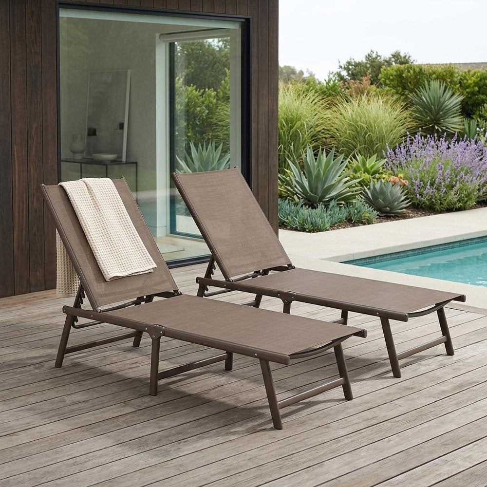 Set of Two Brown Aluminum Six Position Adjustable Outdoor Chaise Lounges