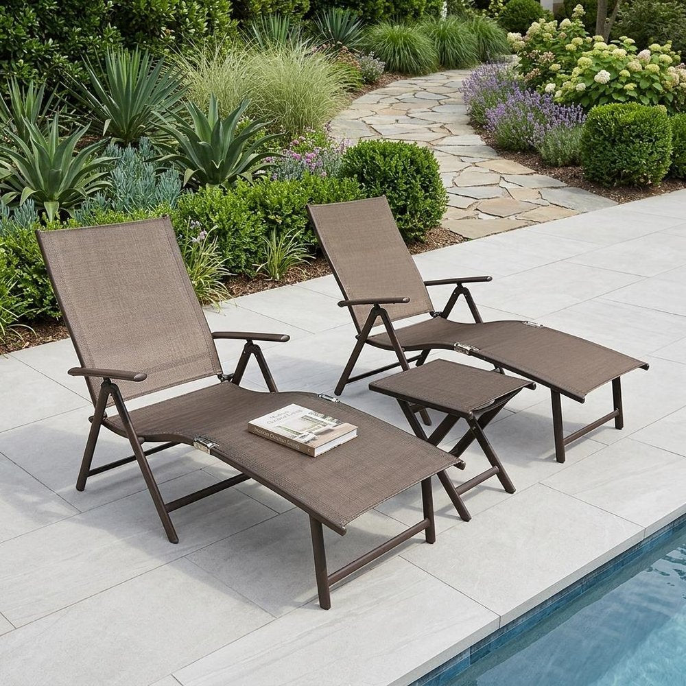 Set of Two Brown Aluminum Six Position Adjustable Outdoor Chaise Lounges