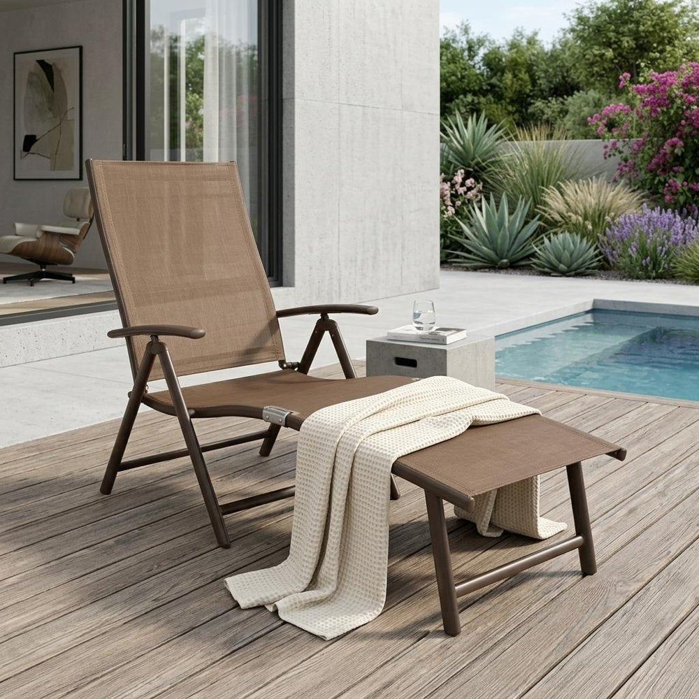 45" Brown Aluminum Eight Position Adjustable Outdoor Folding Chaise Lounge