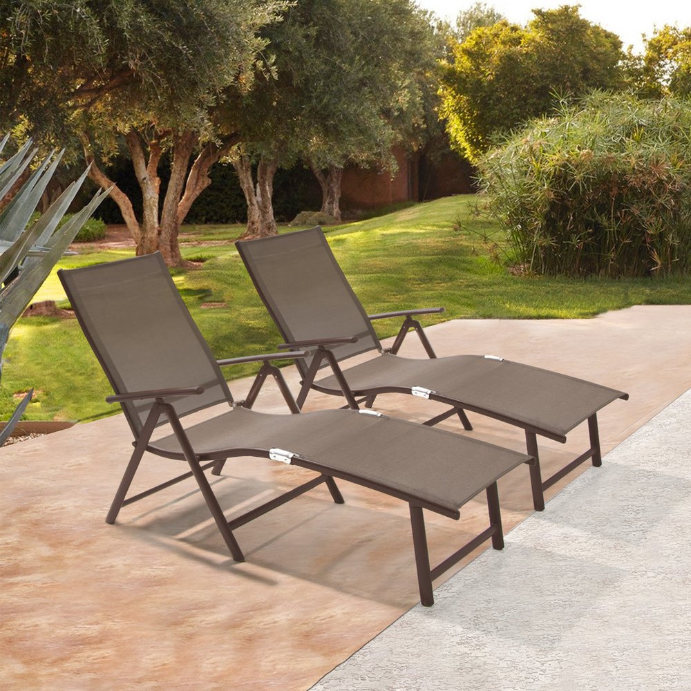 Set of Two Brown Aluminum Six Position Adjustable Outdoor Chaise Lounges