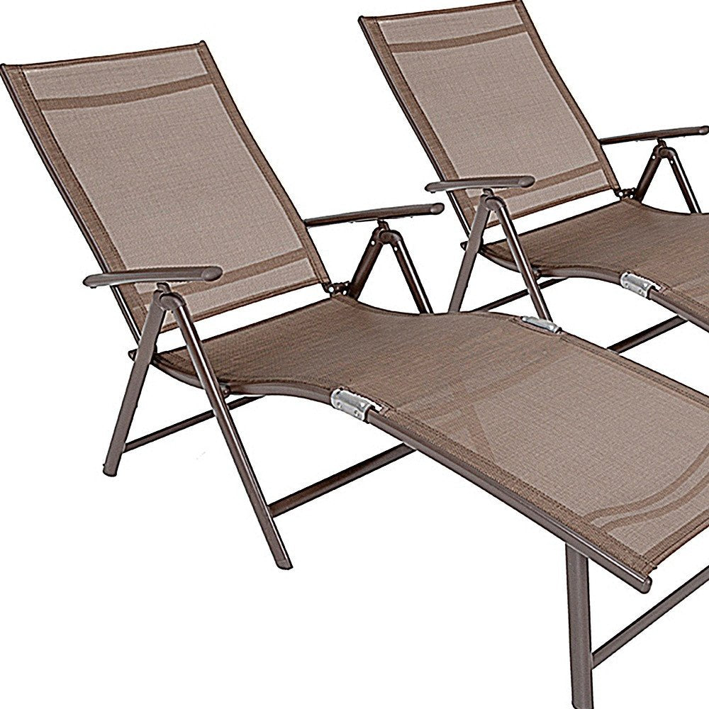 Set of Two Brown Aluminum Six Position Adjustable Outdoor Chaise Lounges