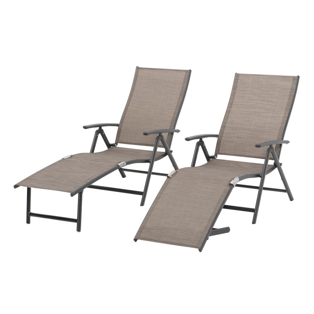 Set of Two Espresso Aluminum Eight Position Adjustable Outdoor Folding Chaise Lounges