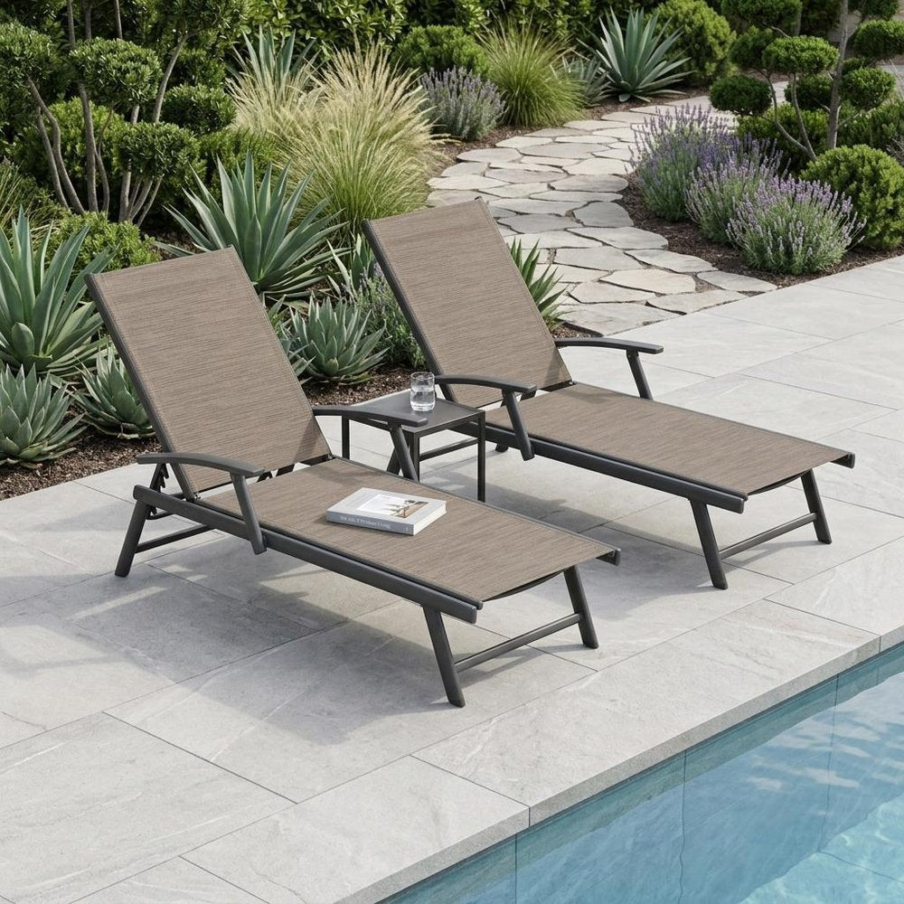 Set of Two Espresso Aluminum Eight Position Adjustable Outdoor Folding Chaise Lounges