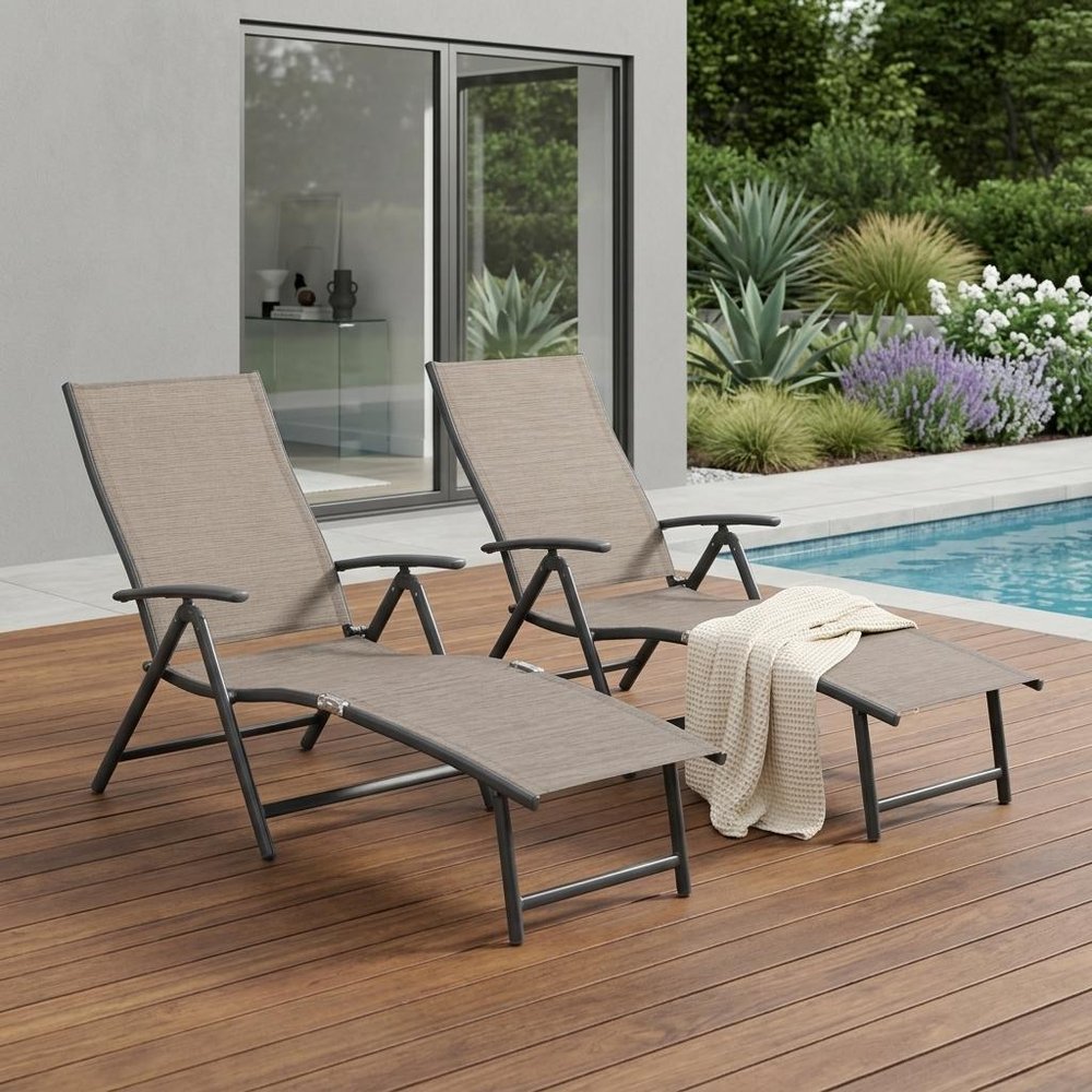 Set of Two Espresso Aluminum Eight Position Adjustable Outdoor Folding Chaise Lounges