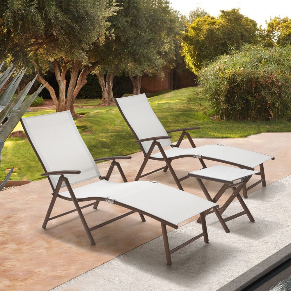 Set of Two Light Gray Aluminum Outdoor Folding Chaise Lounges