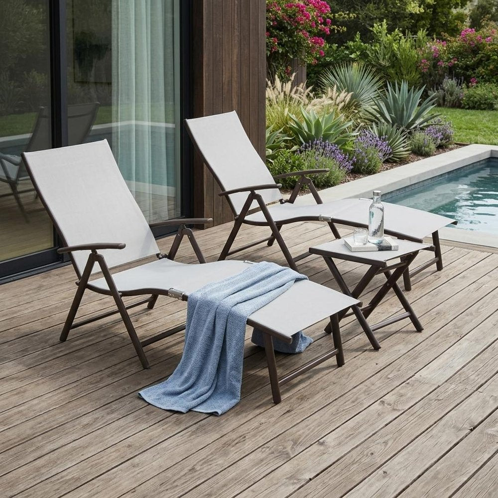 Set of Two Light Gray Aluminum Outdoor Folding Chaise Lounges