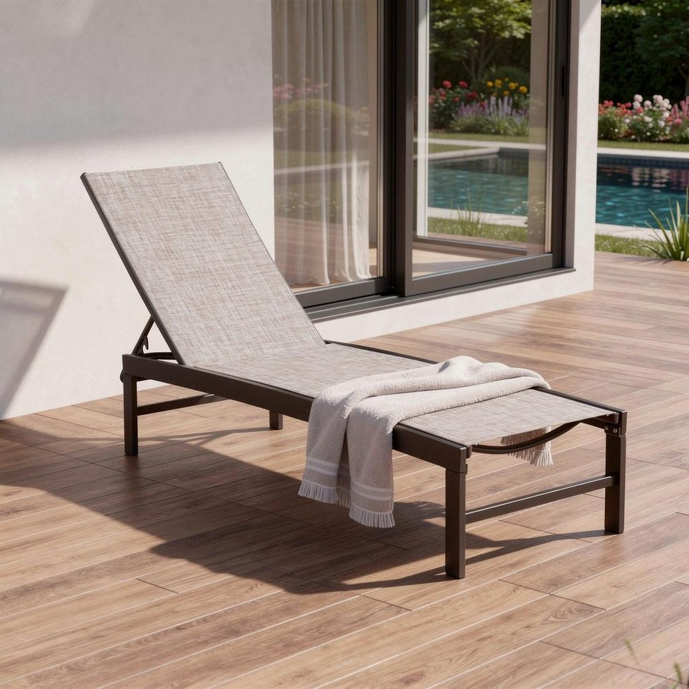 43" Beige Aluminum Five Position Adjustable Outdoor Chaise Lounge