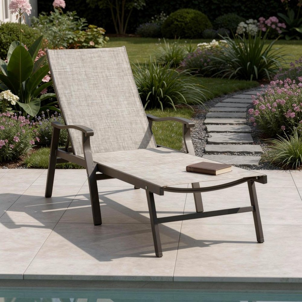 44" Beige Aluminum Five Position Adjustable Outdoor Chaise Lounge