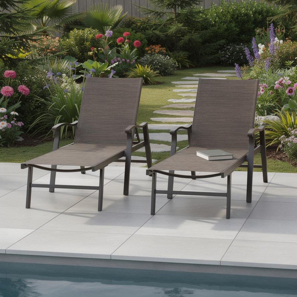 Set of Two Brown Aluminum Six Position Adjustable Outdoor Chaise Lounges