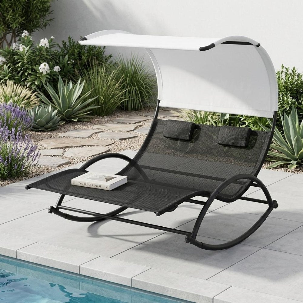 67" Black Aluminum Six Position Adjustable Outdoor Chaise Lounge With Canopy