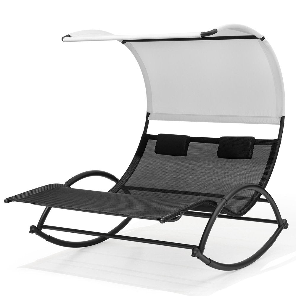 67" Black Aluminum Six Position Adjustable Outdoor Chaise Lounge With Canopy