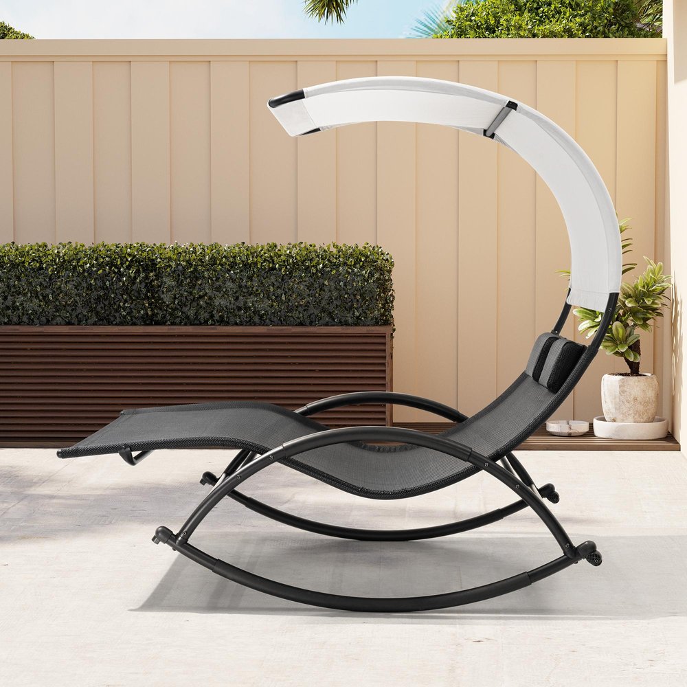 67" Black Aluminum Six Position Adjustable Outdoor Chaise Lounge With Canopy