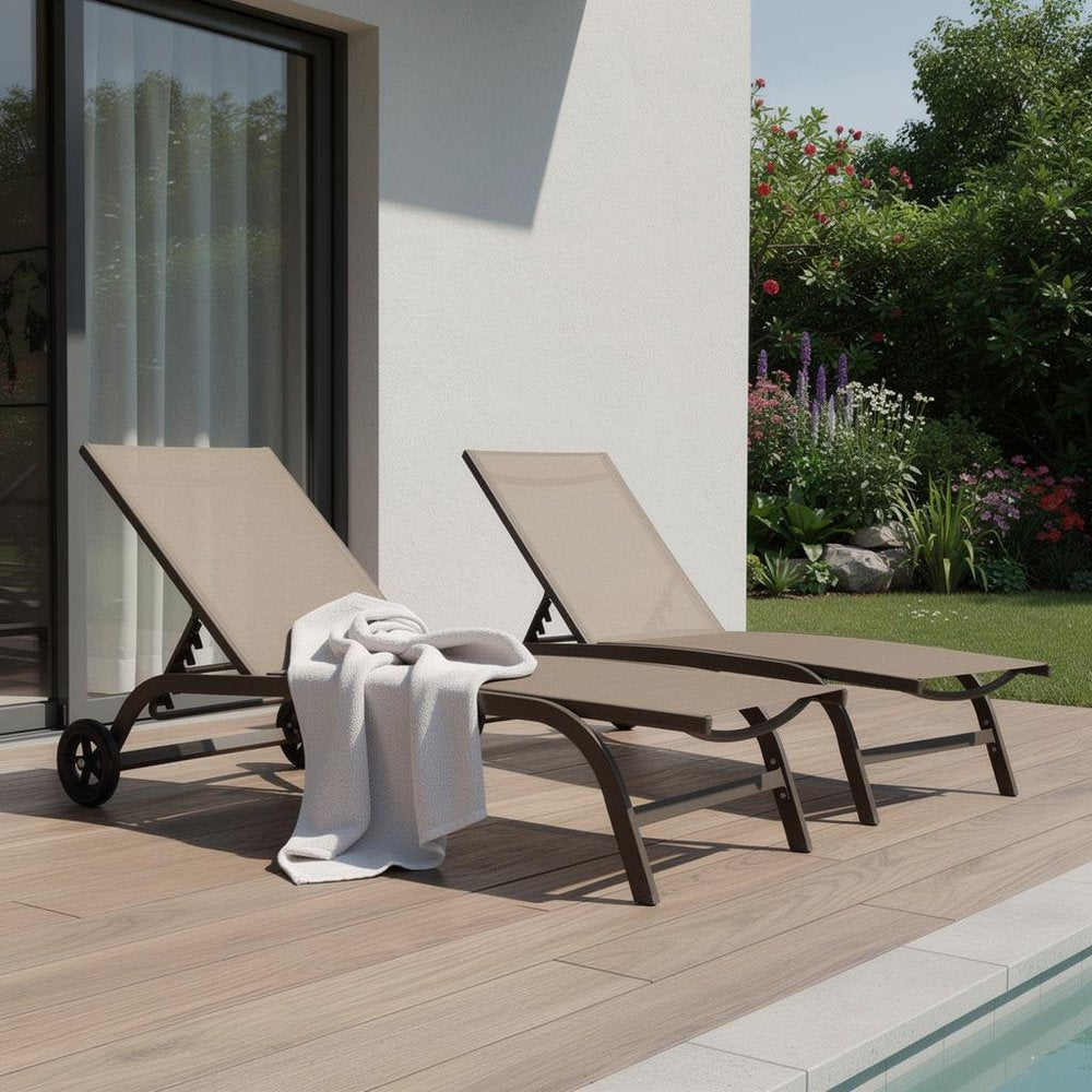 Set of Two Brown Aluminum Six Position Adjustable Outdoor Chaise Lounges