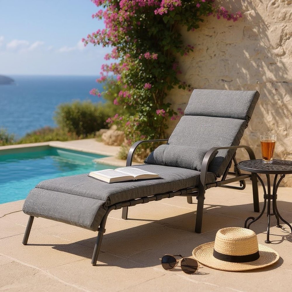 40" Dark Gray Aluminum Six Position Adjustable Outdoor Chaise Lounge with Gray Cushion
