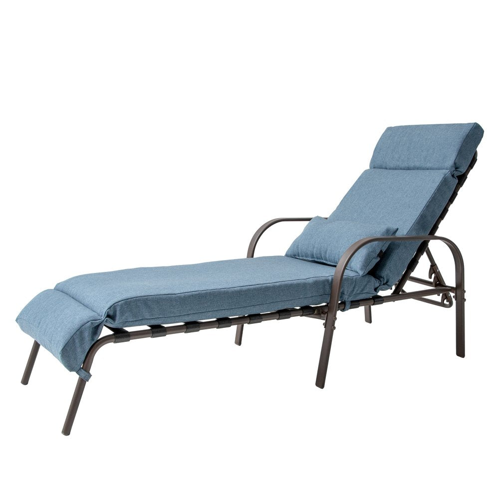 40" Brown Aluminum Six Position Adjustable Outdoor Folding Chaise Lounge with Denim Blue Cushion