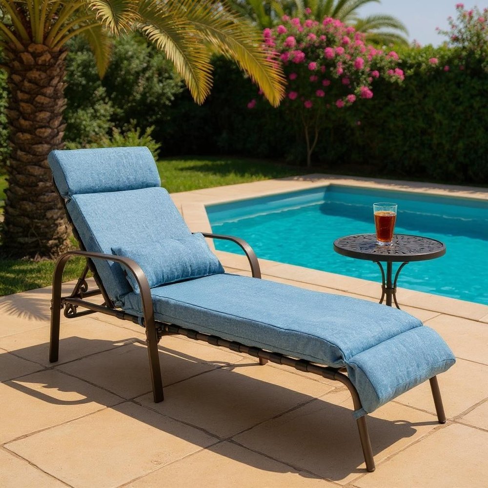 40" Brown Aluminum Six Position Adjustable Outdoor Folding Chaise Lounge with Denim Blue Cushion