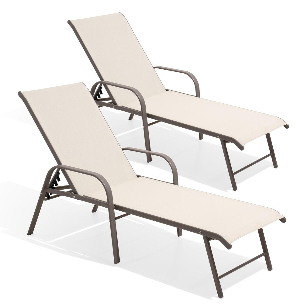 Set of Two Ivory Aluminum Six Position Adjustable Outdoor Stacking Chaise Lounges