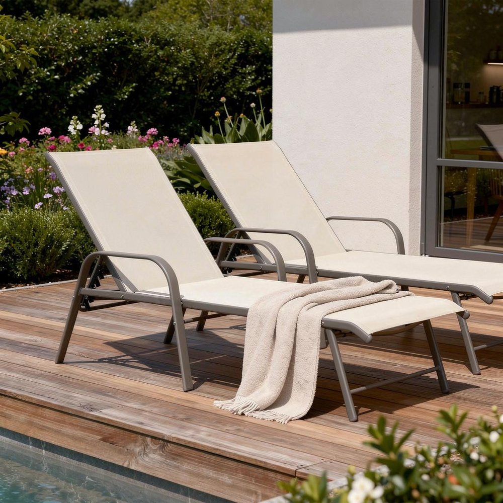 Set of Two Ivory Aluminum Six Position Adjustable Outdoor Stacking Chaise Lounges