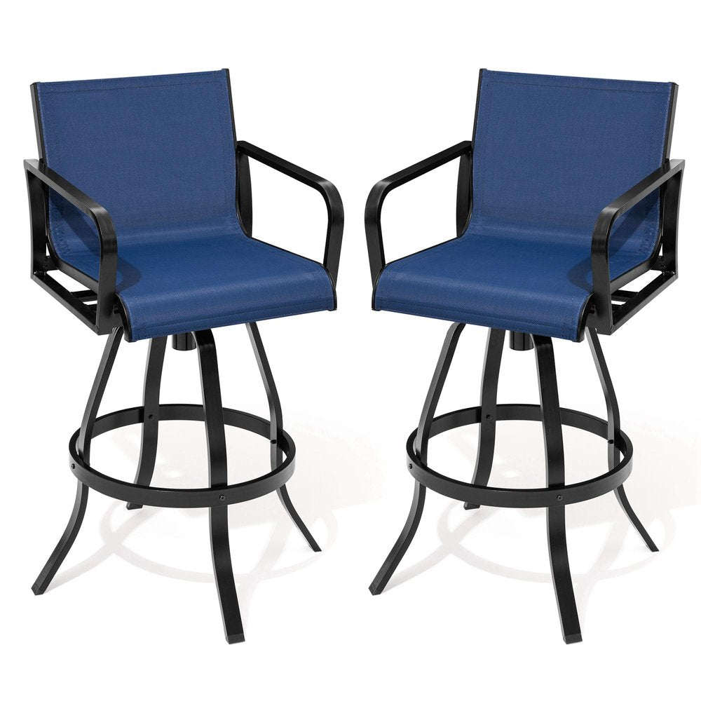 Set of Two 30" Black and Navy Blue Aluminum Swivel Outdoor Bar Height Chairs
