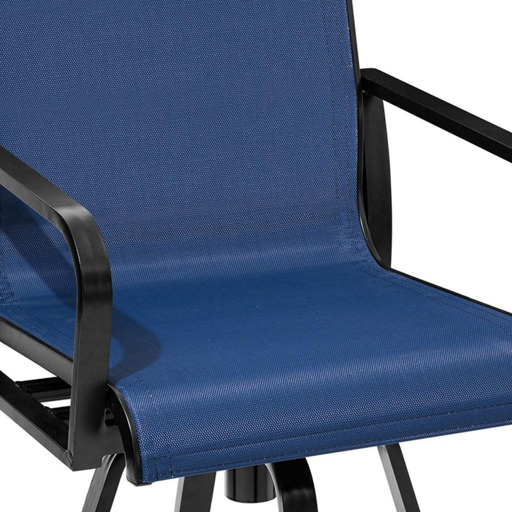 Set of Two 30" Black and Navy Blue Aluminum Swivel Outdoor Bar Height Chairs