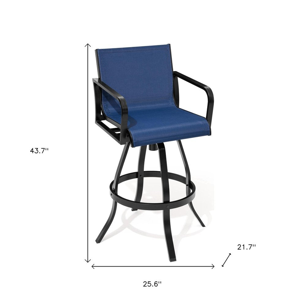 Set of Two 30" Black and Navy Blue Aluminum Swivel Outdoor Bar Height Chairs