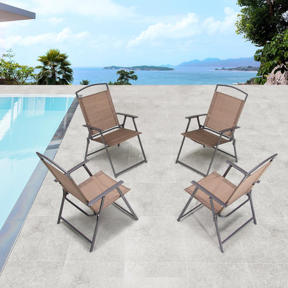 Set of Four Brown Aluminum Six Position Adjustable Outdoor Stacking Dining Chairs