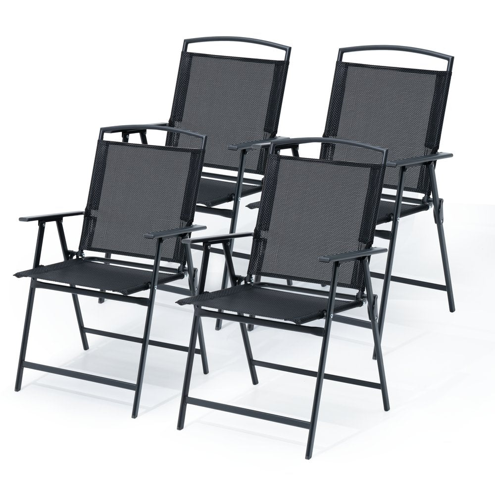 Set of Four Gray Woven Aluminum Sling Outdoor Folding Dining Chairs