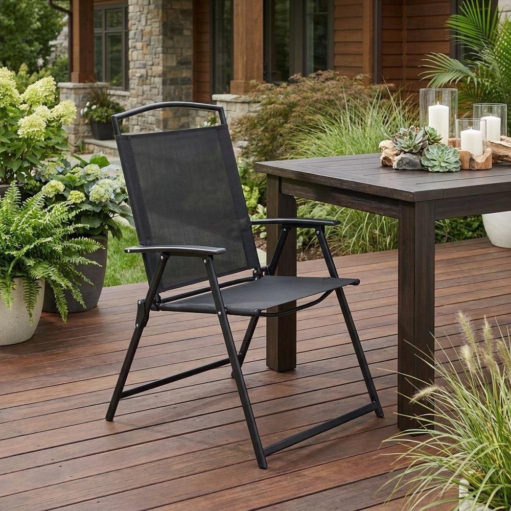 Set of Four Gray Woven Aluminum Sling Outdoor Folding Dining Chairs