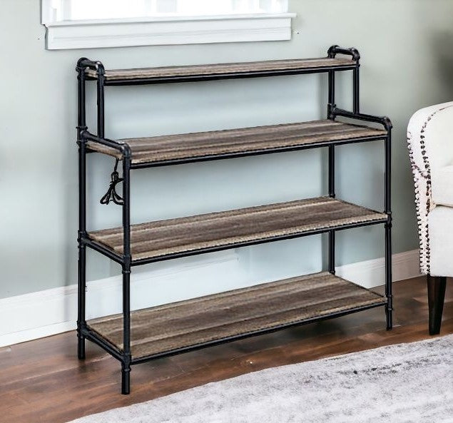 43" Brown and Black Metal Four Tier USB Bookcase