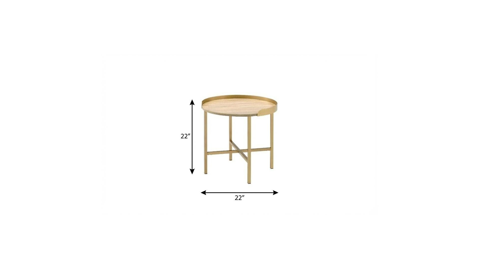 22" Gold And Oak Manufactured Wood And Metal Round End Table