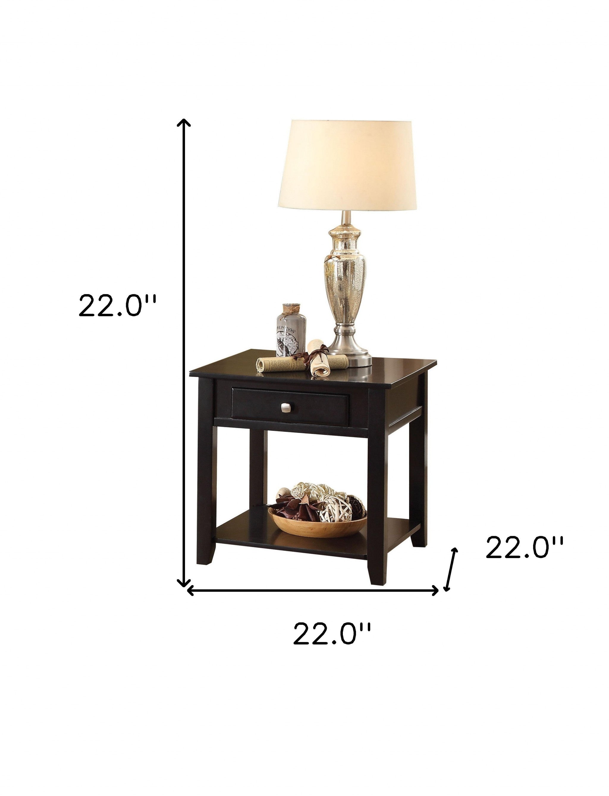 22" Black Manufactured Wood Square End Table With Drawer With Shelf