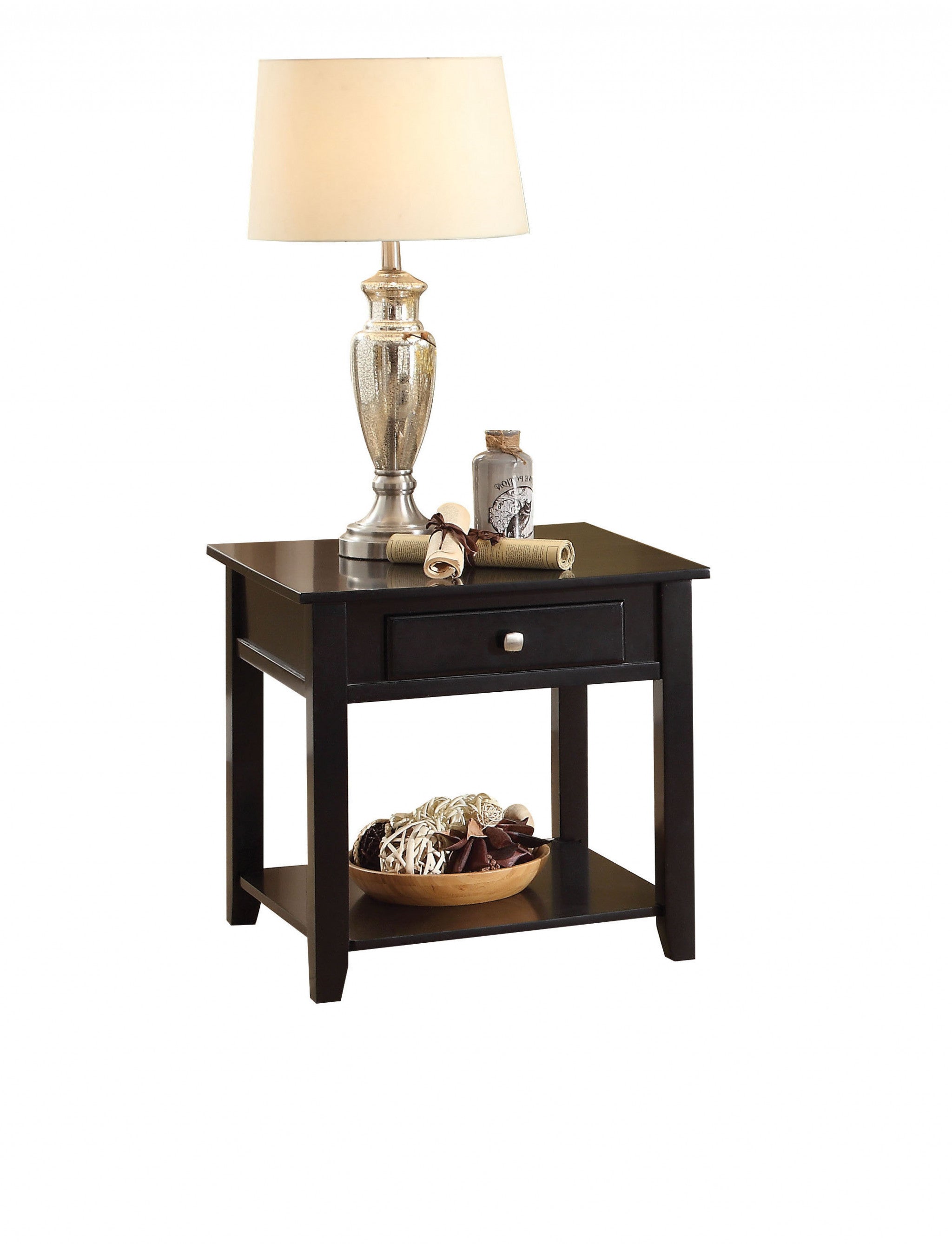 22" Black Manufactured Wood Square End Table With Drawer With Shelf