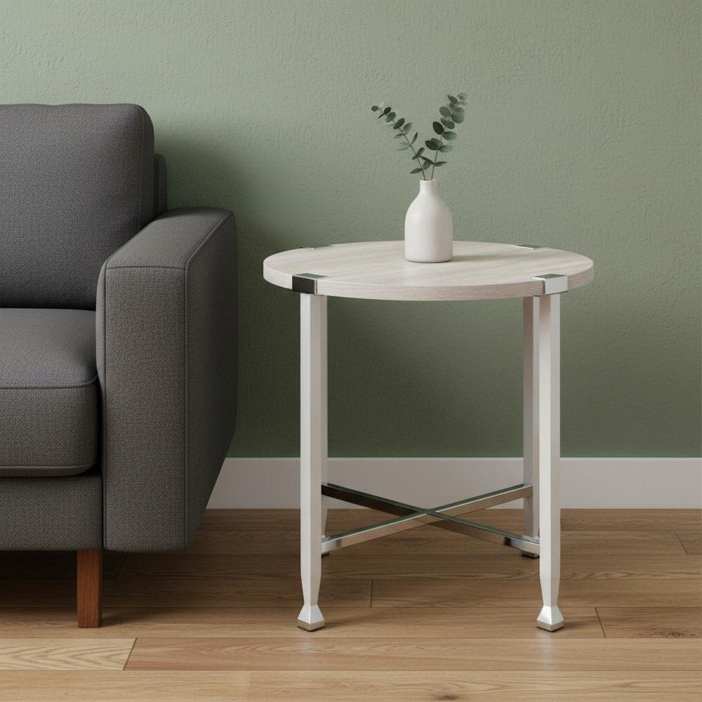 24" Chrome And White Oak Manufactured Wood And Metal Round End Table