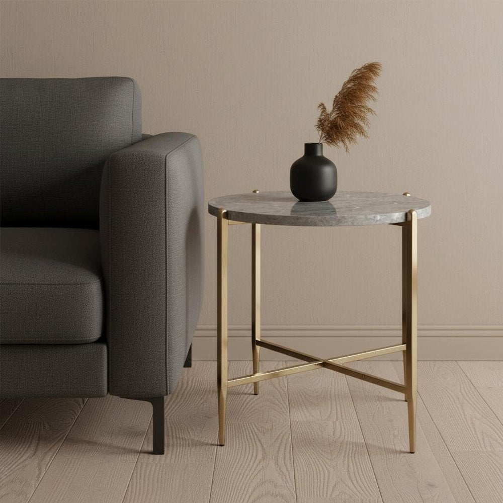 24" Champagne And Light Gray Manufactured Wood And Metal Round End Table