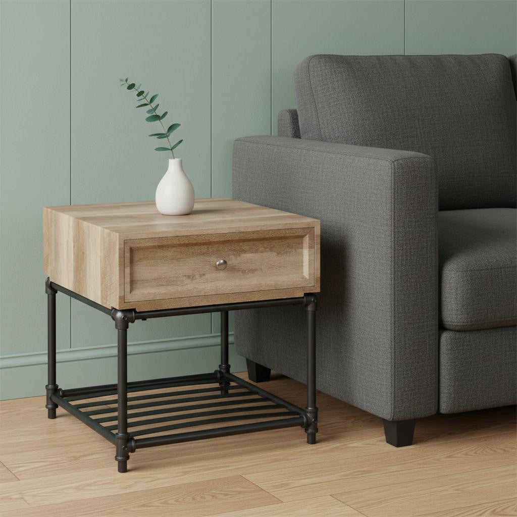22" Sandy Black And Oak Manufactured Wood And Metal Square End Table With Drawer And Shelf