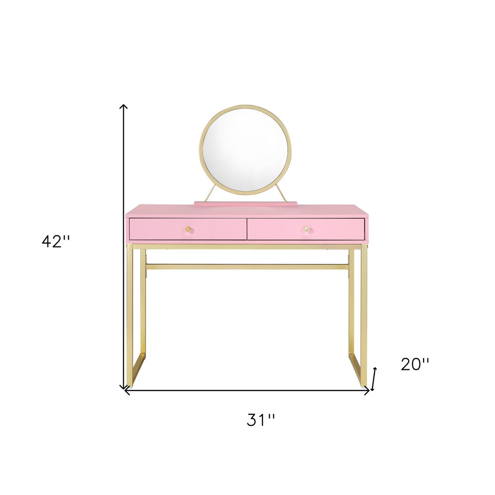 42" Gold And Pink Wood Vanity Table With Mirror And Two Drawers