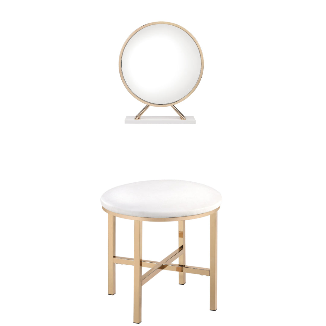 Set of Two Gold Metal And Faux Leather Round Freestanding Makeup Mirror And Stool