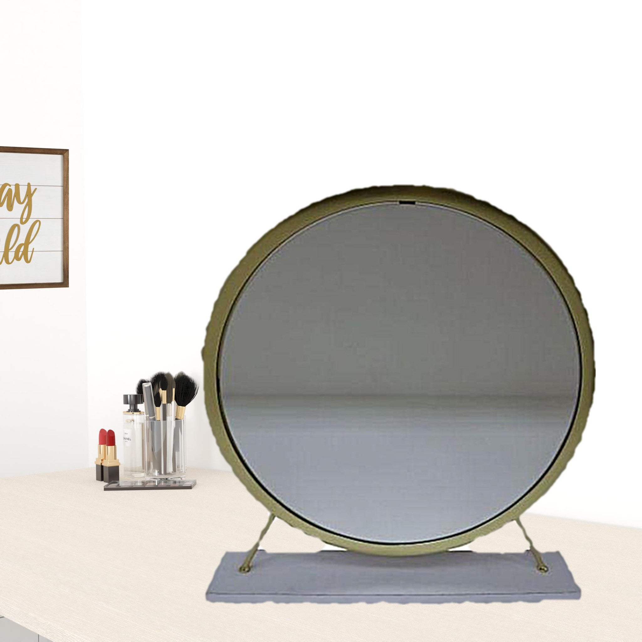 19" Faux Fur, Mirror, White & Brass Finish Round Makeup Shaving Tabletop Mirror