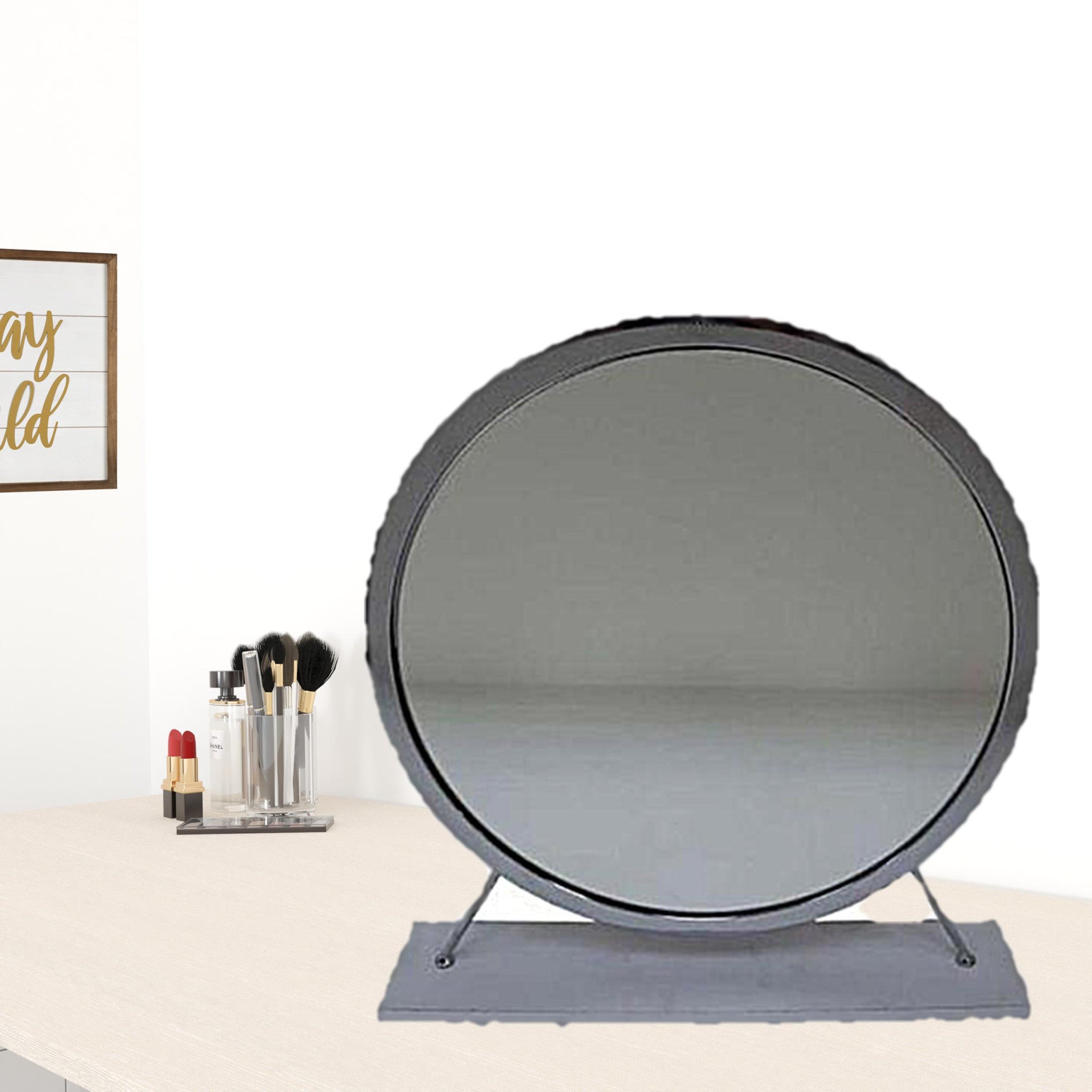 19" Faux Fur, Mirror, White & Chrome Finish Round Makeup Shaving Tabletop Mirror