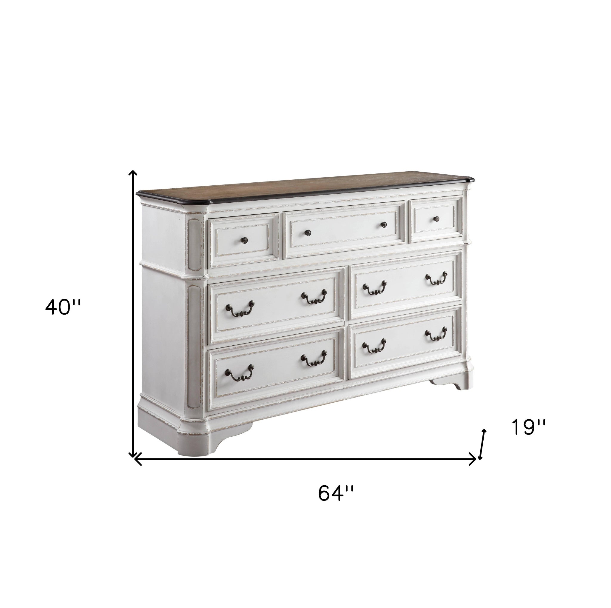 64" Brown and White Solid and Manufactured Wood Seven Drawer Triple Dresser