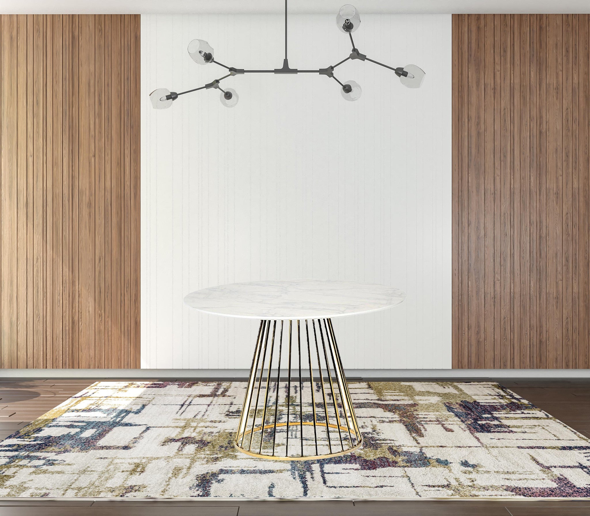 43" White And Gold Rounded Stainless Steel Pedestal Base Dining Table