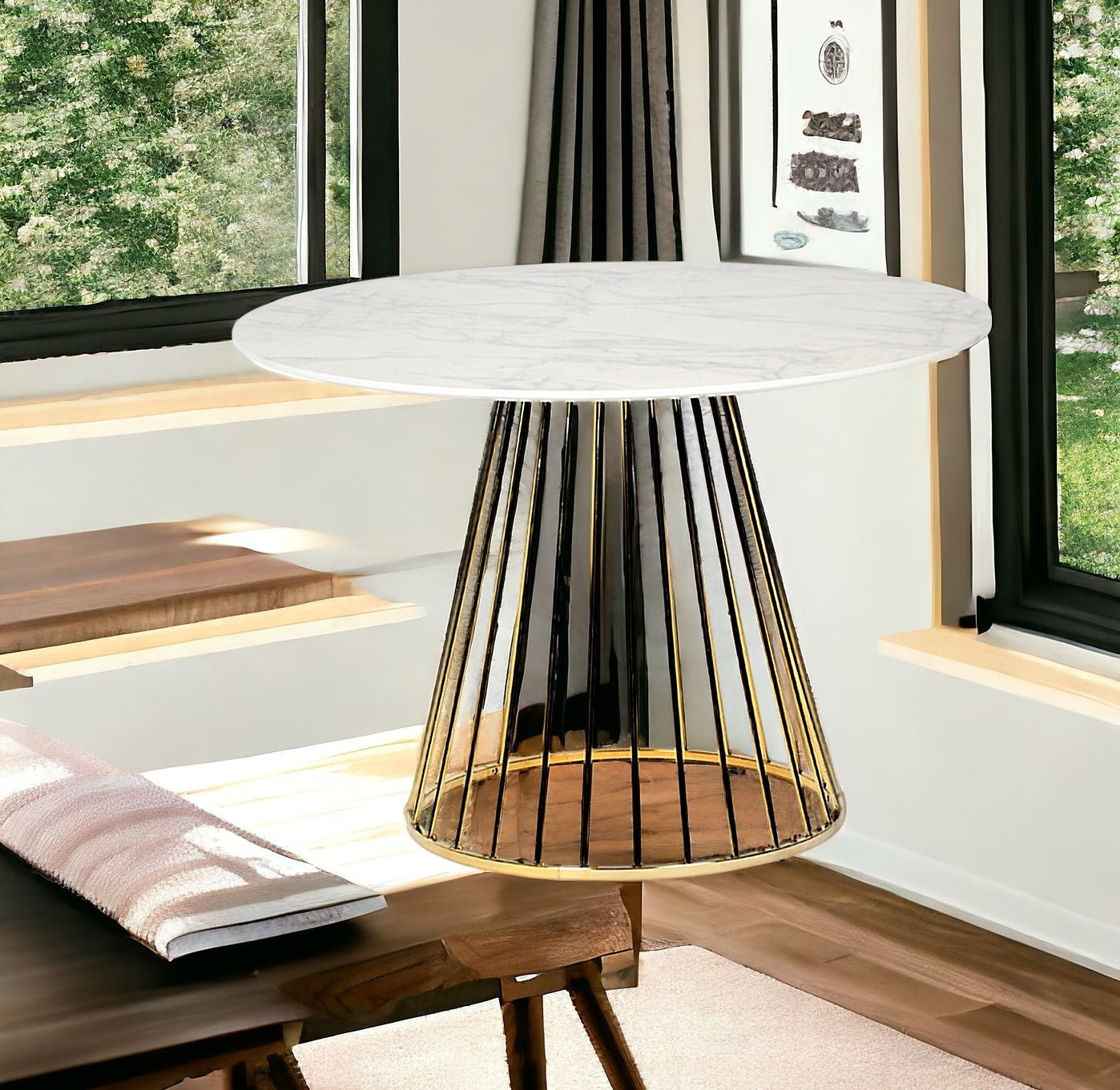 43" White And Gold Rounded Stainless Steel Pedestal Base Dining Table