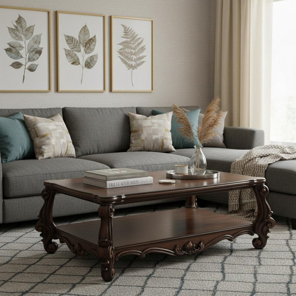 59" Brown and Dark Brown Wood Coffee Table With Shelf