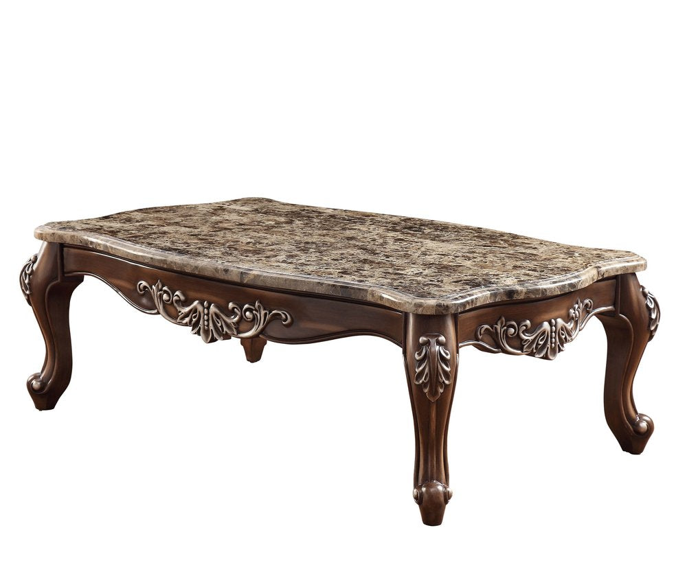 57" Brown and Oak Faux Marble And Wood Coffee Table