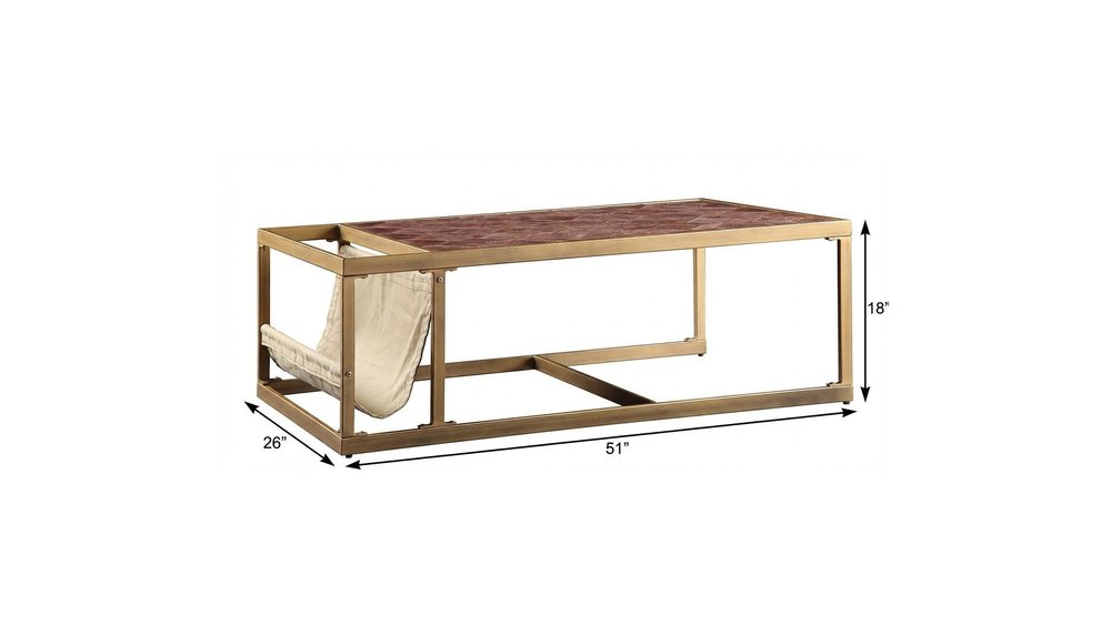 51" Brass And Retro Brown Leather Rectangular Coffee Table