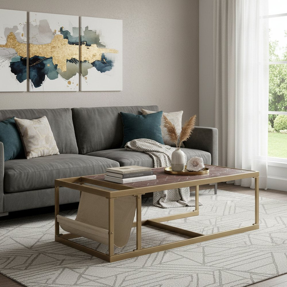 51" Brass And Retro Brown Leather Rectangular Coffee Table